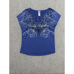 Harley-Davidson Shirt Womens Medium Blue Scoop Neck Foil Graphic Made in‎ USA